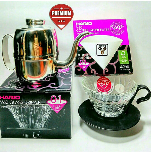 Paket Hario V60 Glass Dripper 01+ Paper Filter + Kettle Leher Angsa